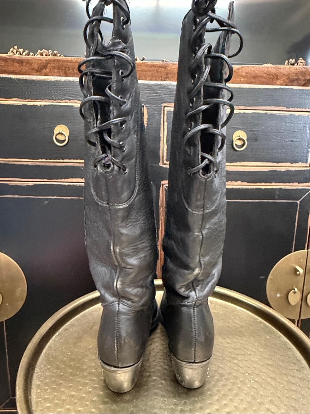 Harley-Davidson Vintage Black Leather Knee-High Lace-Up Women's Boots - Picture 7 of 11